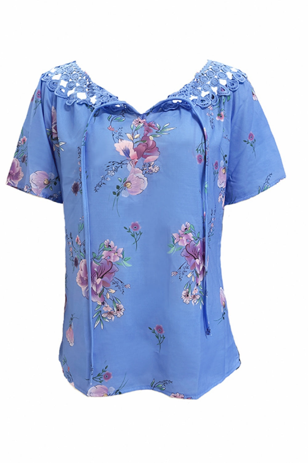 Full Size Printed Tie Neck Short Sleeve Blouse - Tigbul's Variety Fashion Shop