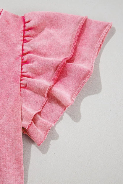 Pink Mineral Wash Raw Edge Ruffle Mini Dress - Tigbul's Variety Fashion Shop