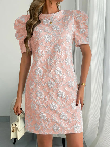Round Neck Puff Short Sleeve Mini Dress - Tigbul's Variety Fashion Shop
