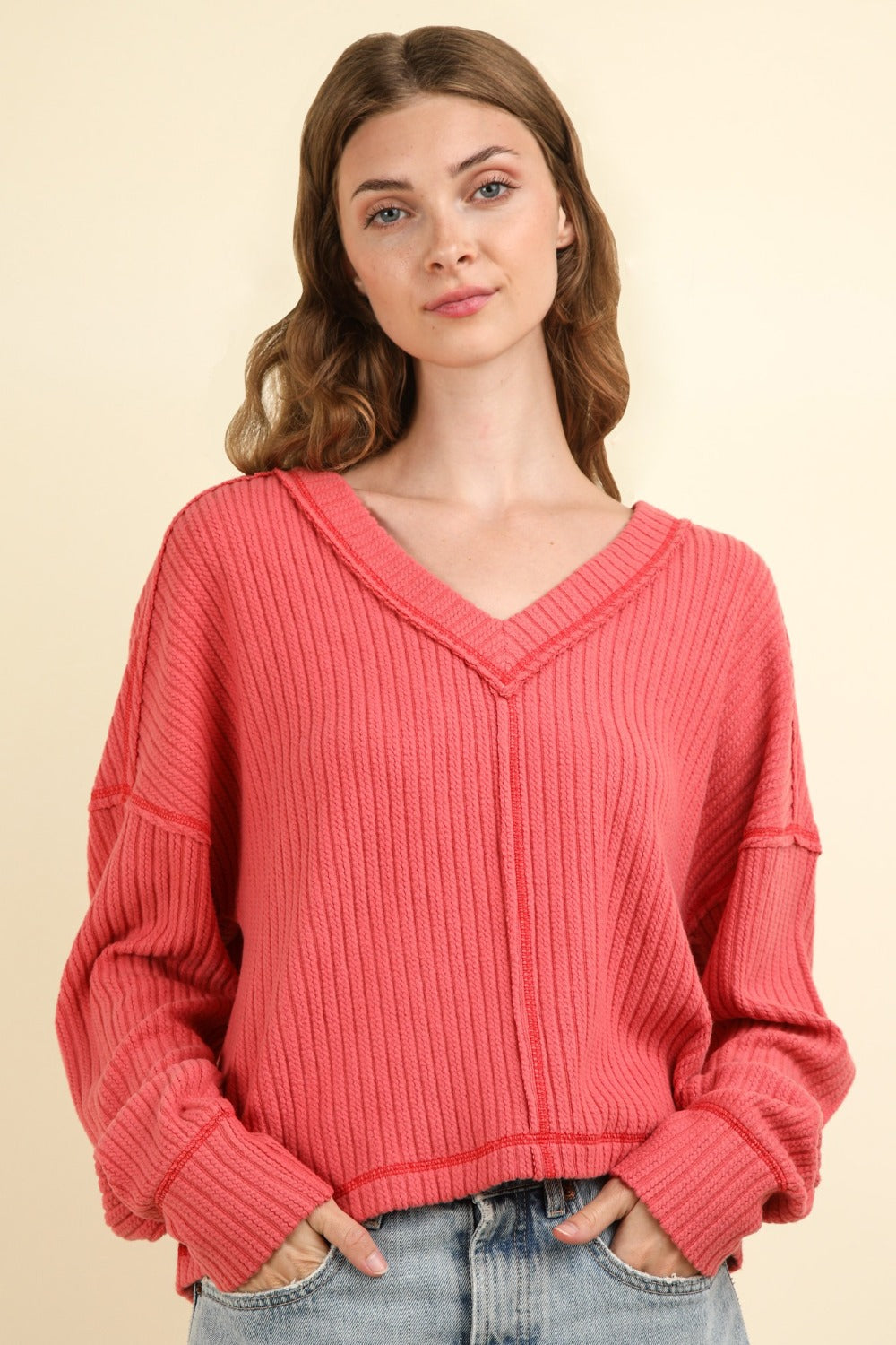 VERY J Exposed Seam V-Neck Ribbed Knit Top - Tigbul's Variety Fashion Shop