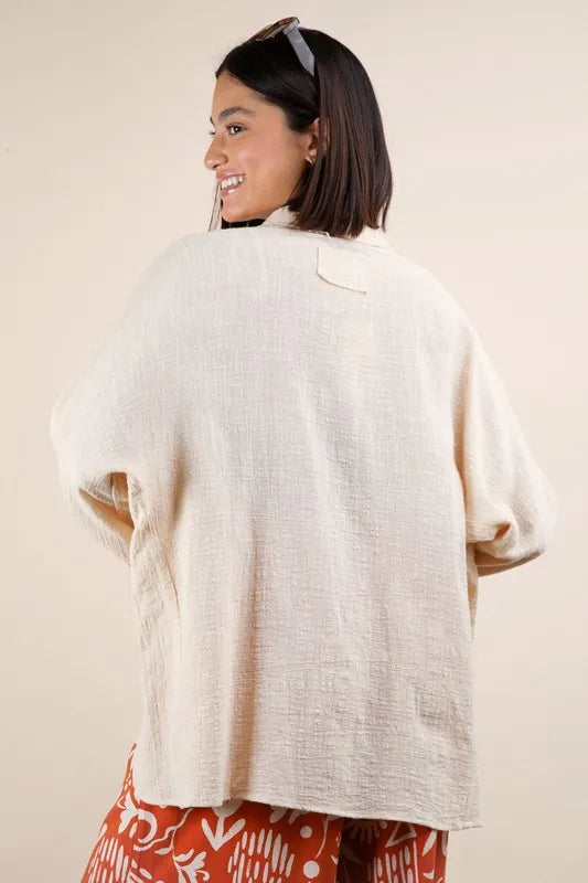 Taupe Plus Size Dolman Sleeve Button Down Gauze Shirt - Tigbul's Variety Fashion Shop