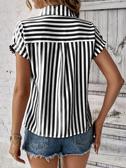 Striped Button-Up Short Sleeve Shirt with Pocket - Tigbul's Variety Fashion Shop