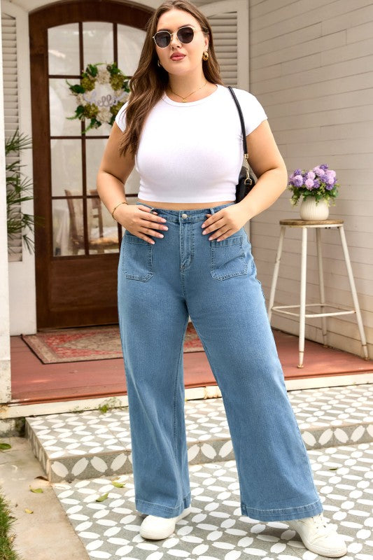 Plus Size Denim Textured Patch Pocket Jeans - Tigbul's Variety Fashion Shop