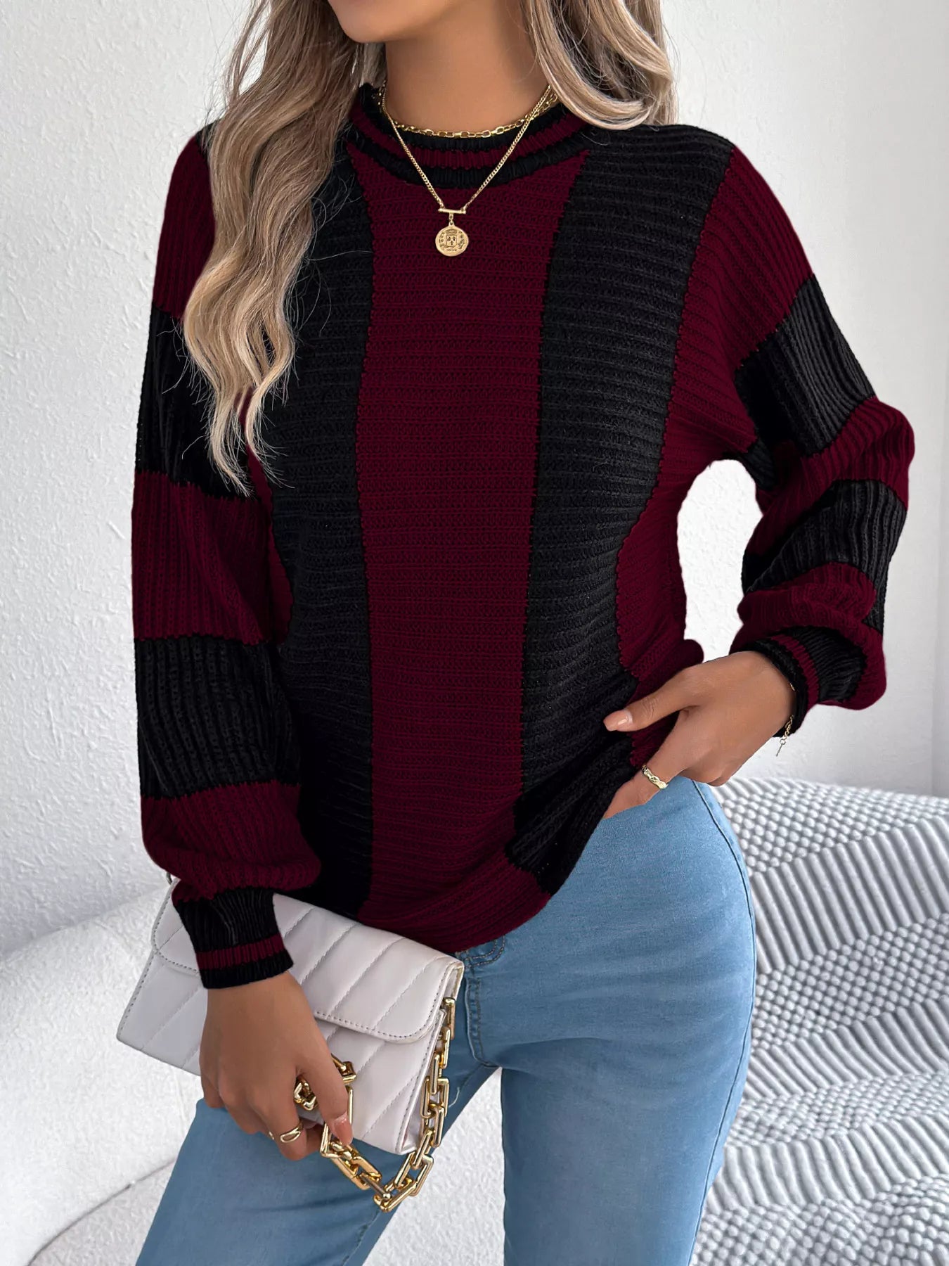 Color Block Round Neck Sweater - Tigbul's Variety Fashion Shop