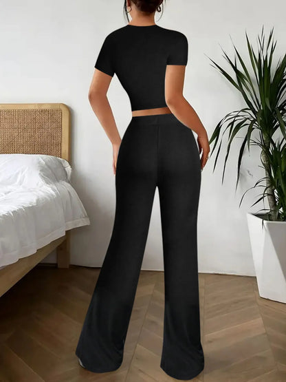 Crop Top and Wide Leg Pants Matching Set - Tigbul's Variety Fashion Shop