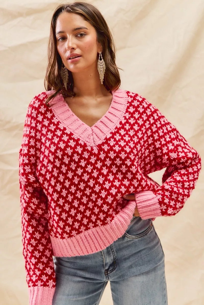 SO ME Color Block Textured Christmas Sweater V Neck Top - Tigbul's Variety Fashion Shop