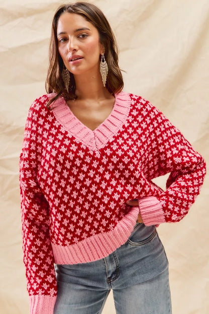 SO ME Color Block Textured Christmas Sweater V Neck Top - Tigbul's Variety Fashion Shop