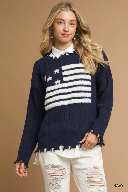 Umgee Distressed American Flag Sweater - Tigbul's Variety Fashion Shop