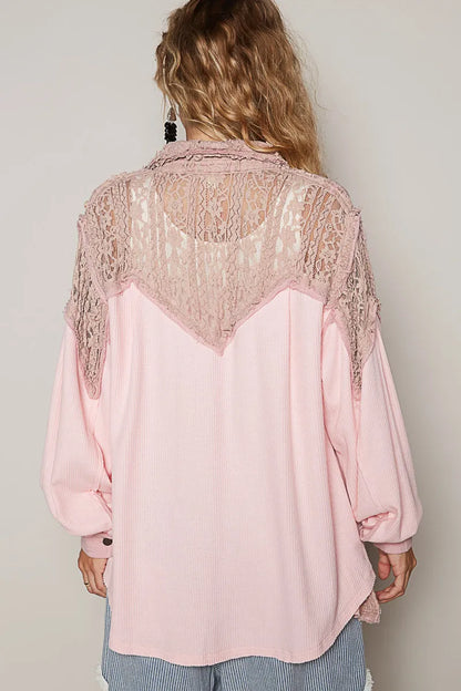 POL Lace Patchwork Button Up Shacket - Tigbul's Variety Fashion Shop