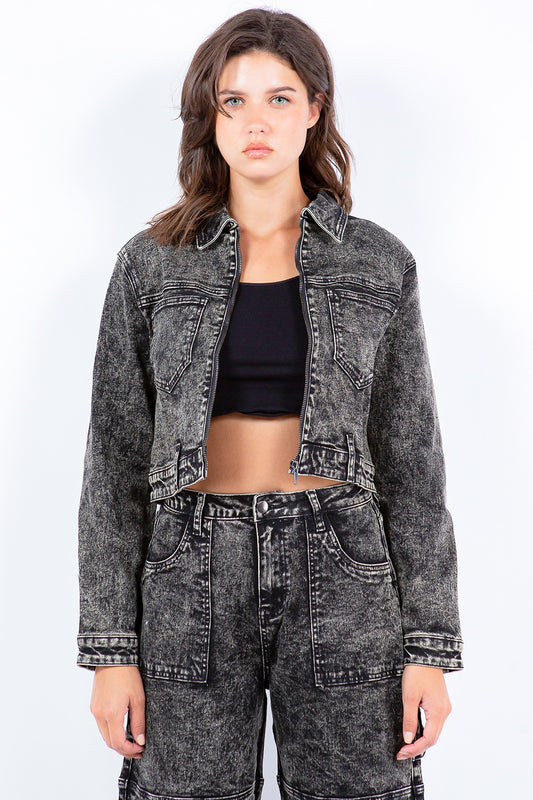 American Bazi Overdyed Bleached Zip Up Cropped Jacket - Tigbul's Variety Fashion Shop