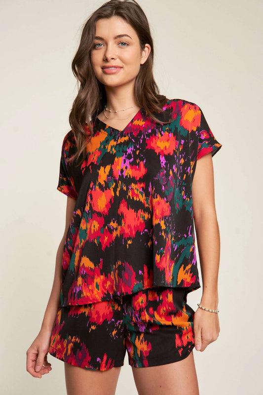 Printed V Neck Short Sleeve Top and Shorts Set - Tigbul's Variety Fashion Shop