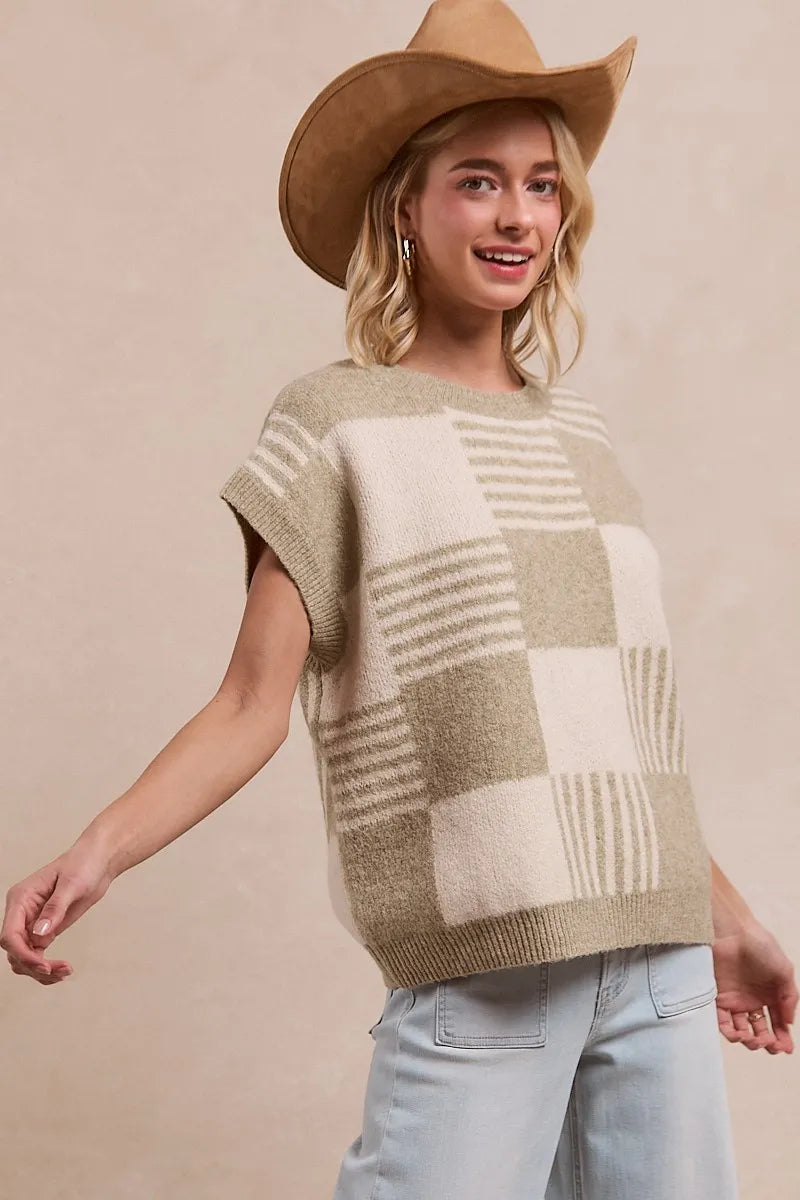 Checker With Stripes Pattern Sleeveless Sweater - Tigbul's Variety Fashion Shop