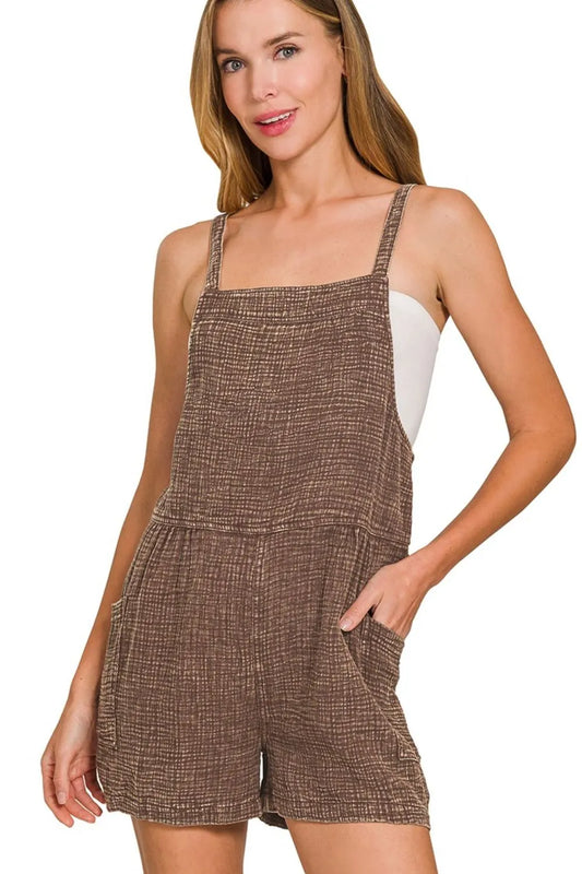 Brown Washed Double Gauze Tie Back Rompers - Tigbul's Variety Fashion Shop