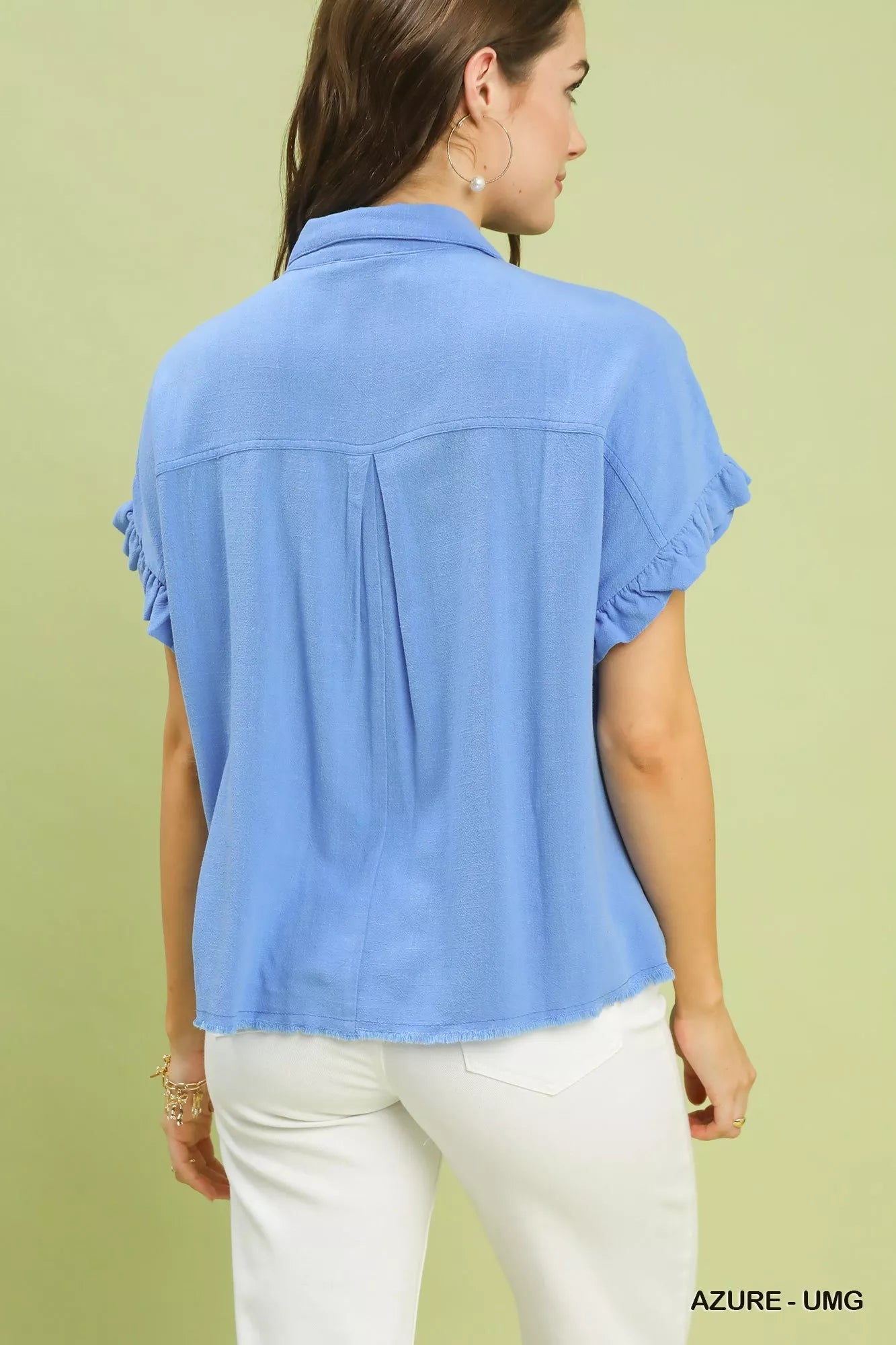 Azure washed linen-blend smocked back with short flutter sleeves