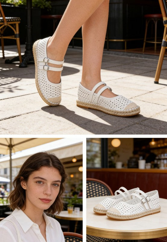 White dual buckle woven flat sandals with perforated upper and adjustable strap buckles