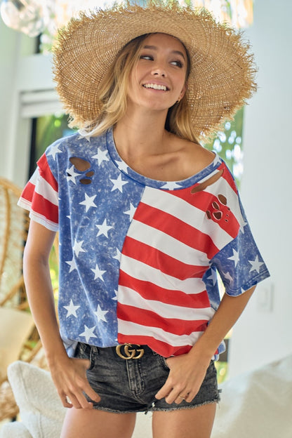 BiBi American Flag Theme Short Sleeve T-Shirt - Tigbul's Variety Fashion Shop