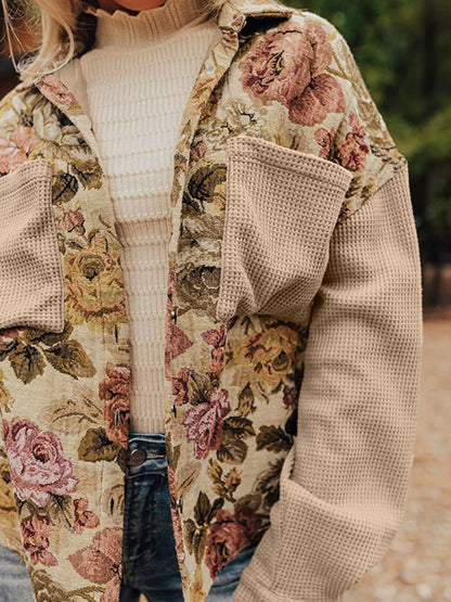 Floral Waffle Knit Patchwork Chest Pockets Buttoned Jacket - Tigbul's Variety Fashion Shop