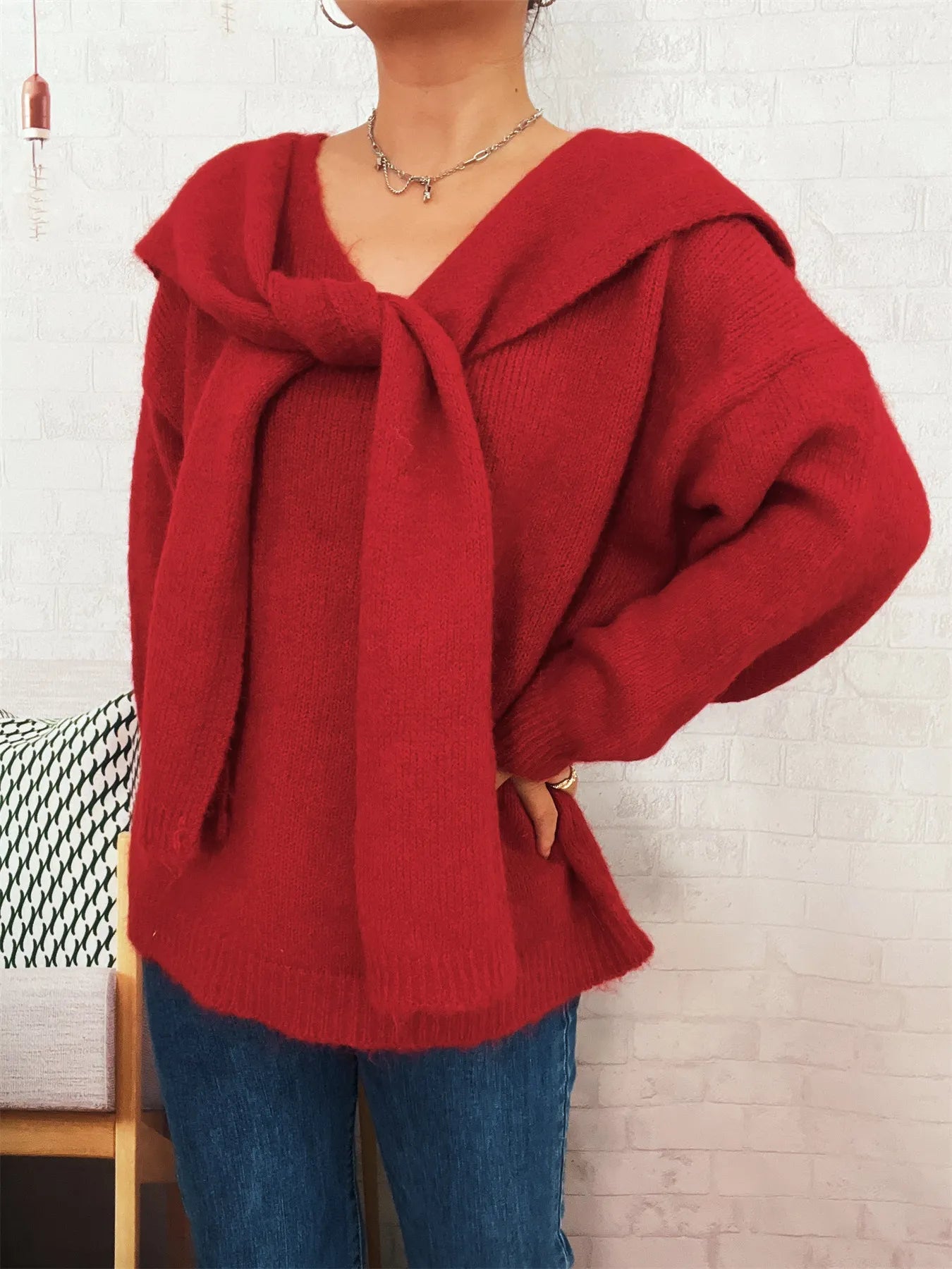 Ribbed Hem V-Neck Sweater with Shawl - Tigbul's Variety Fashion Shop