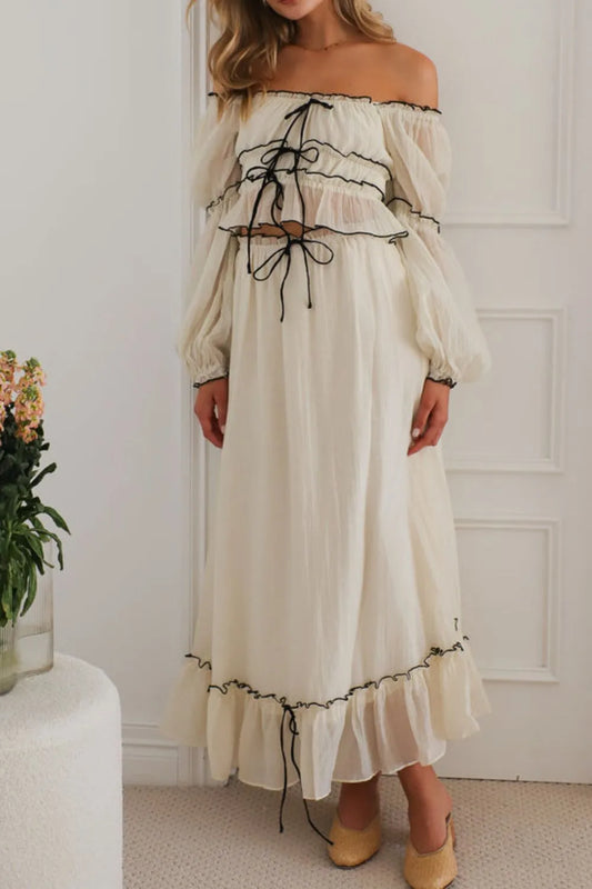Off-Shoulder Cream Top and Skirt Set - Tigbul's Variety Fashion Shop