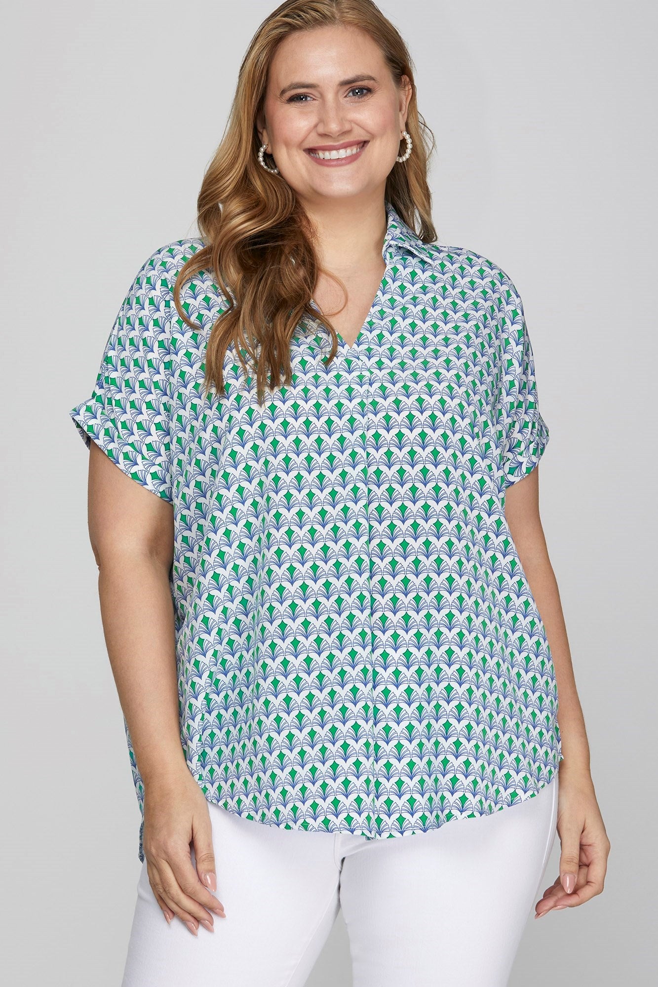 She + Sky Full Size Printed Johnny Collar Short Sleeve Blouse Plus Size - Tigbul's Variety Fashion Shop