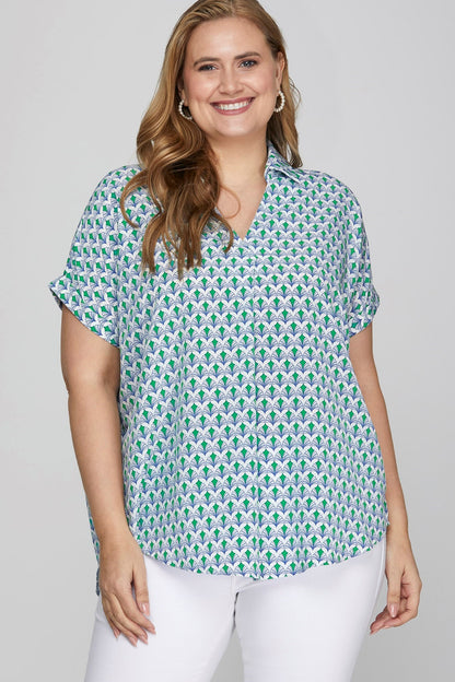 She + Sky Full Size Printed Johnny Collar Short Sleeve Blouse Plus Size - Tigbul's Variety Fashion Shop