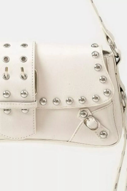 Fame Glossy Faux Leather Rivet Trim Shoulder Bag - Tigbul's Variety Fashion Shop