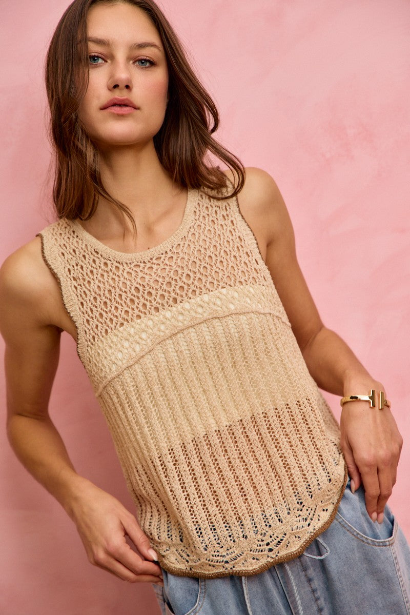 Oatmeal crochet lace sweater vest, sleeveless knit with curved yoke seam and scoop neck