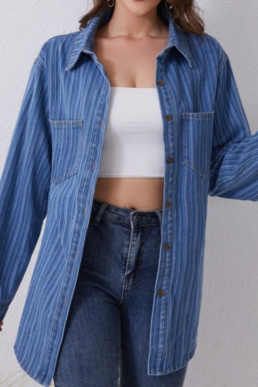 Striped Texture Collared Neck Denim Top - Tigbul's Variety Fashion Shop