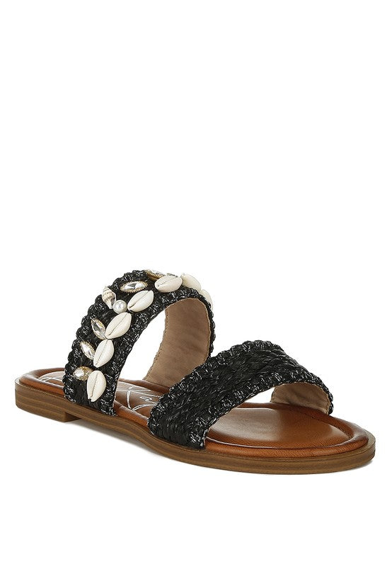 Seashell Raffia Slip on Flat Sandals - Tigbul's Variety Fashion Shop