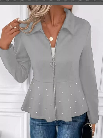 Pearl Embellished Zip-Up Peplum Outerwear - Tigbul's Variety Fashion Shop