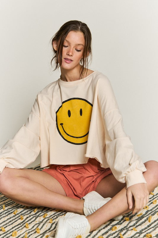 SMILEY FACE LONG SLEEVE CROP TOP - Tigbul's Variety Fashion Shop