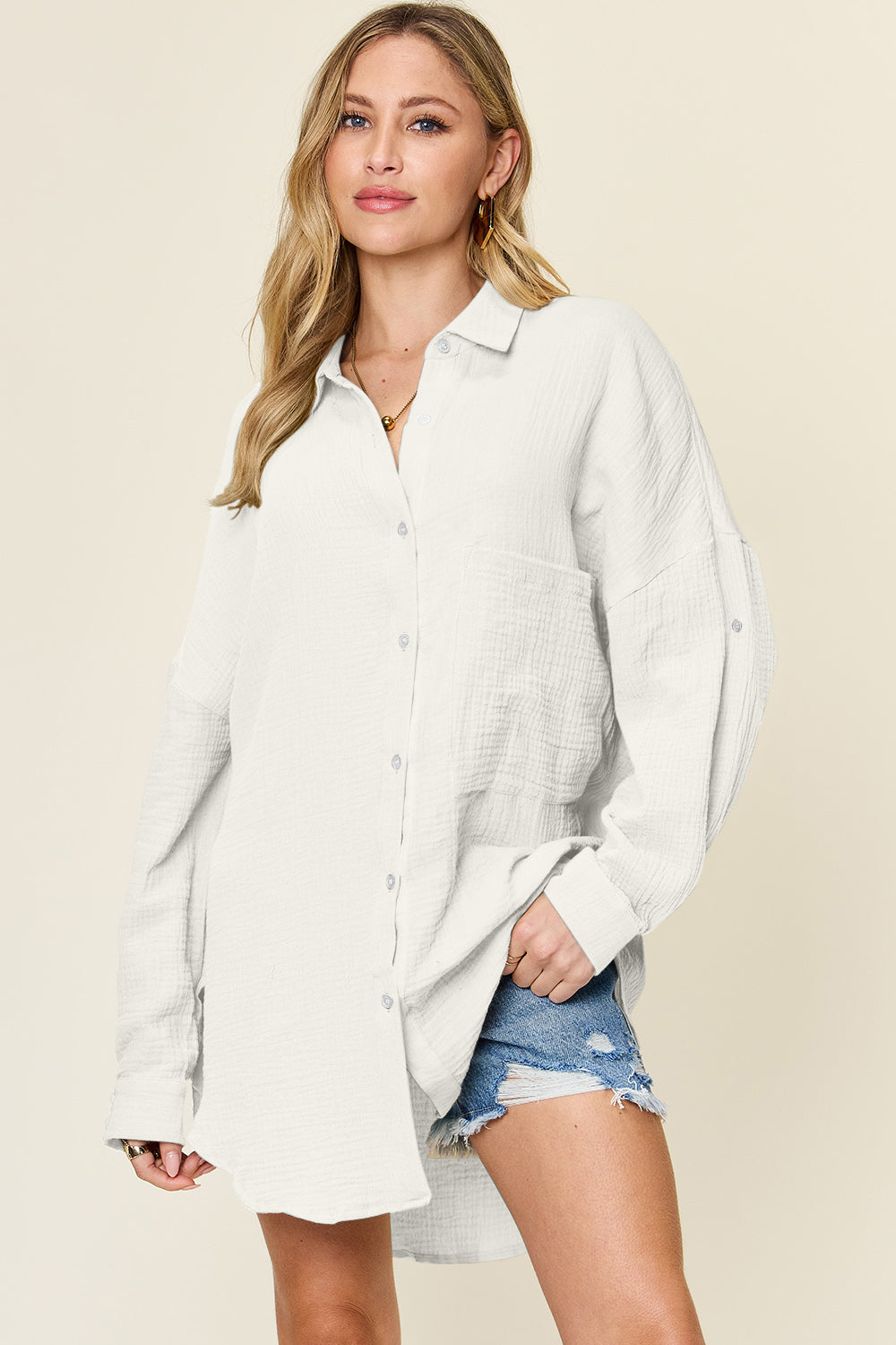 Double Take Full Size Pocketed Texture Button Up Shirt - Tigbul's Variety Fashion Shop