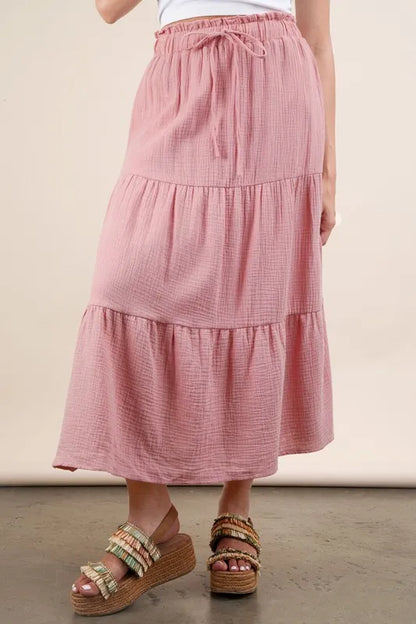 Pink Elastic Waist Tiered Maxi Skirt - Tigbul's Variety Fashion Shop