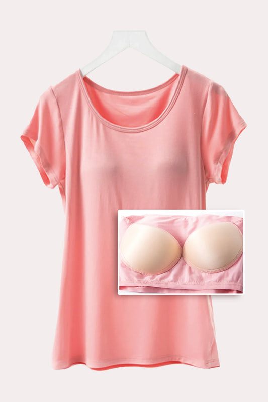 Round Neck Short Sleeve T-Shirt with Bra - Tigbul's Variety Fashion Shop