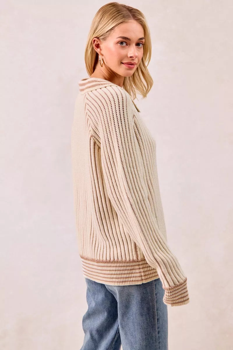 BiBi Half Button Ribbed Two Tone Sweater - Tigbul's Variety Fashion Shop