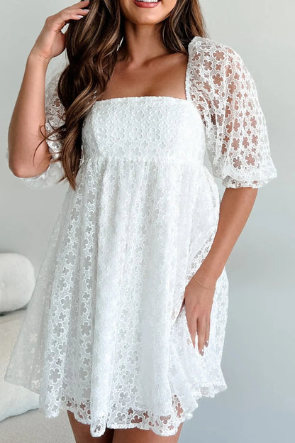 Lace Puff Sleeve Empire Waist Mini Dress - Tigbul's Variety Fashion Shop