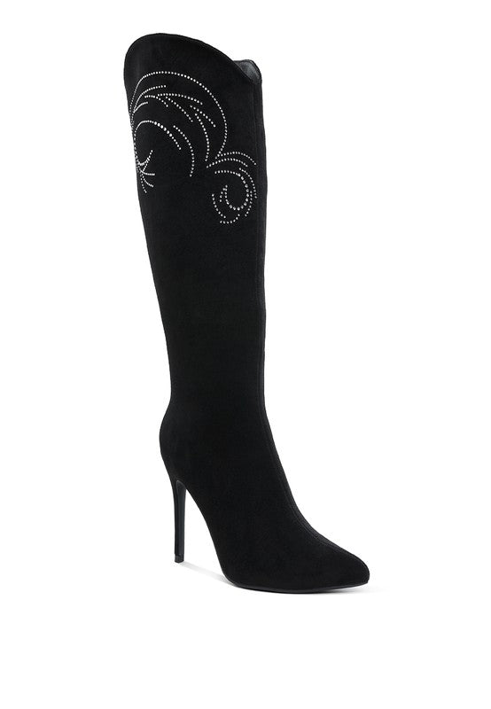 Black calf boots with rhinestone swirl pattern and slim stiletto heel