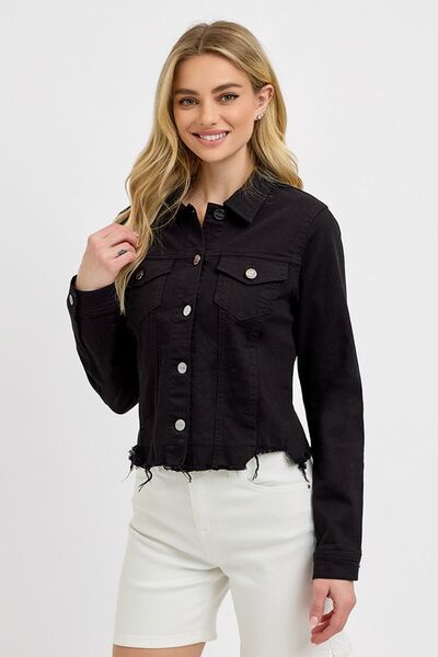 Black Irregular Fray Hem Button Up Denim Jacket Plus Size - Tigbul's Variety Fashion Shop