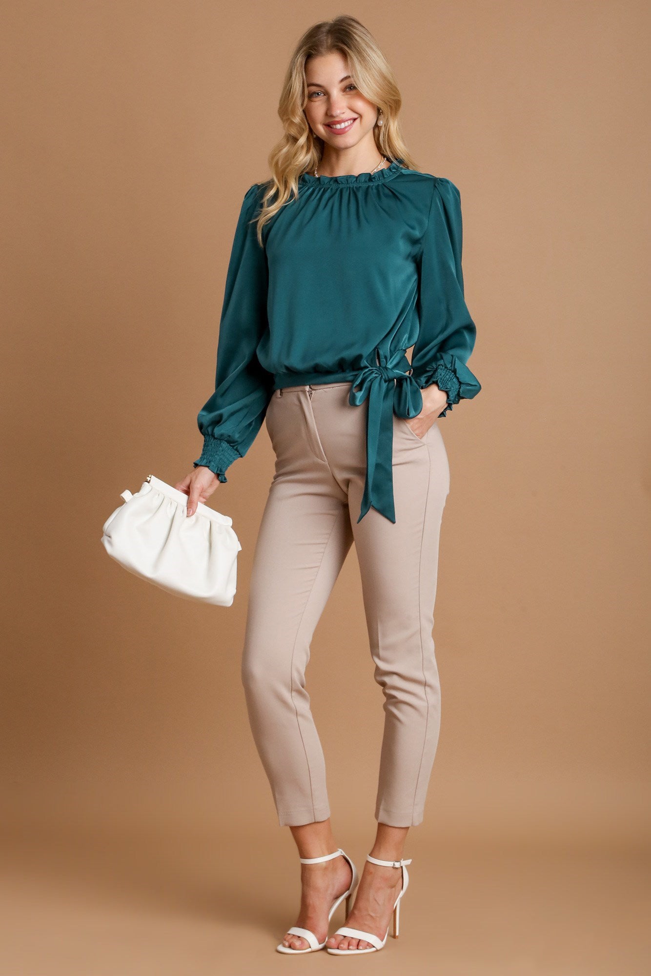 Umgee Frill Tied Hem Long Sleeve Blouse - Tigbul's Variety Fashion Shop