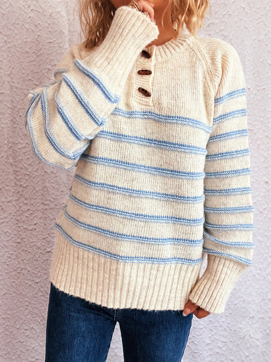 Striped Button Detail Long Sleeve Sweater - Tigbul's Variety Fashion Shop