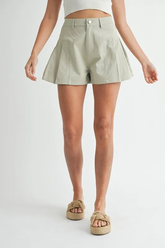 Green Pleated High Waist Twill Shorts - Tigbul's Variety Fashion Shop