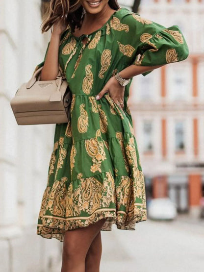 Paisley Print Tie Neck Half Sleeve Mini Dress - Tigbul's Variety Fashion Shop
