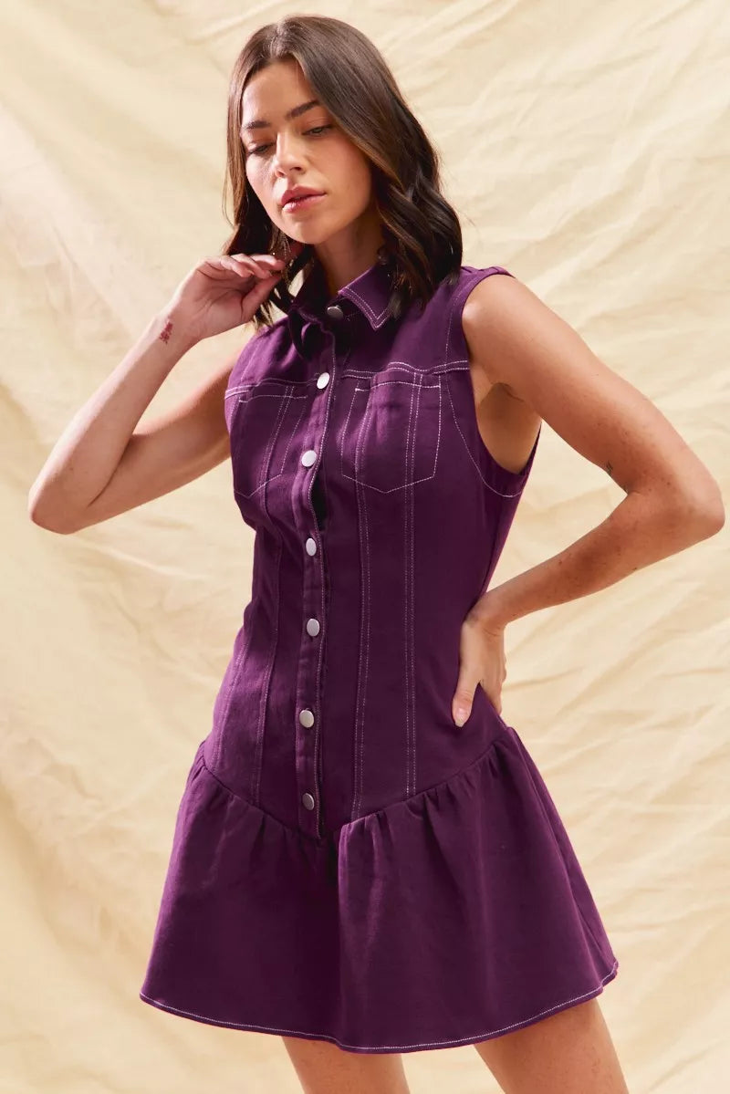SO ME Button Down Sleeveless Collared Game Day Mini Dress - Tigbul's Variety Fashion Shop