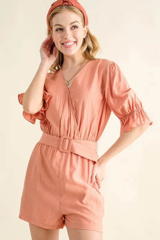 Flounce Sleeves Romper with Belt - Tigbul's Variety Fashion Shop