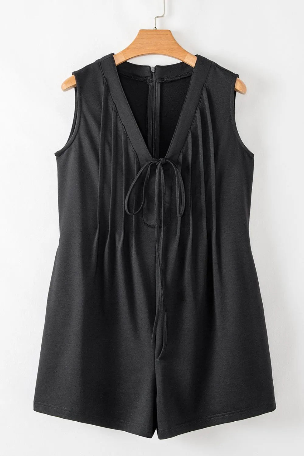Tie V Neck Pintuck Sleeveless Loose Romper - Tigbul's Variety Fashion Shop