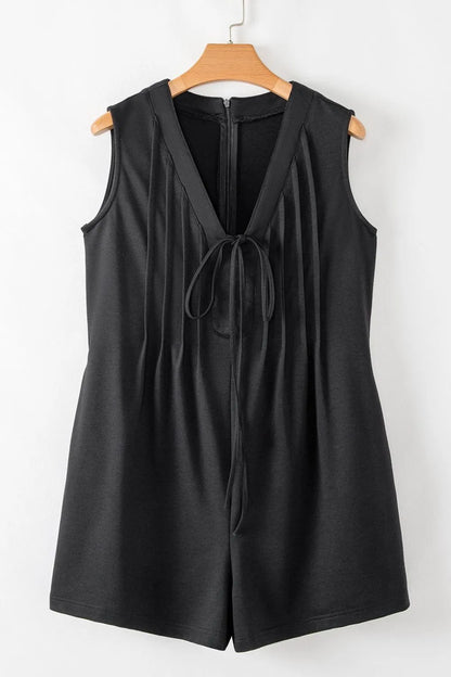 Tie V Neck Pintuck Sleeveless Loose Romper - Tigbul's Variety Fashion Shop