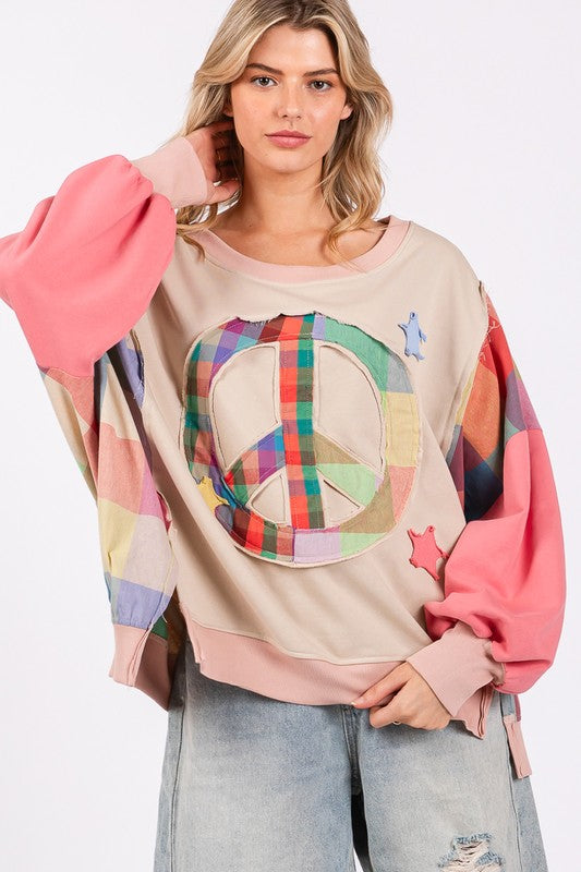 SAGE + FIG Full Size Contrast Peace Patch Dropped Shoulder Sweatshirt - Tigbul's Variety Fashion Shop