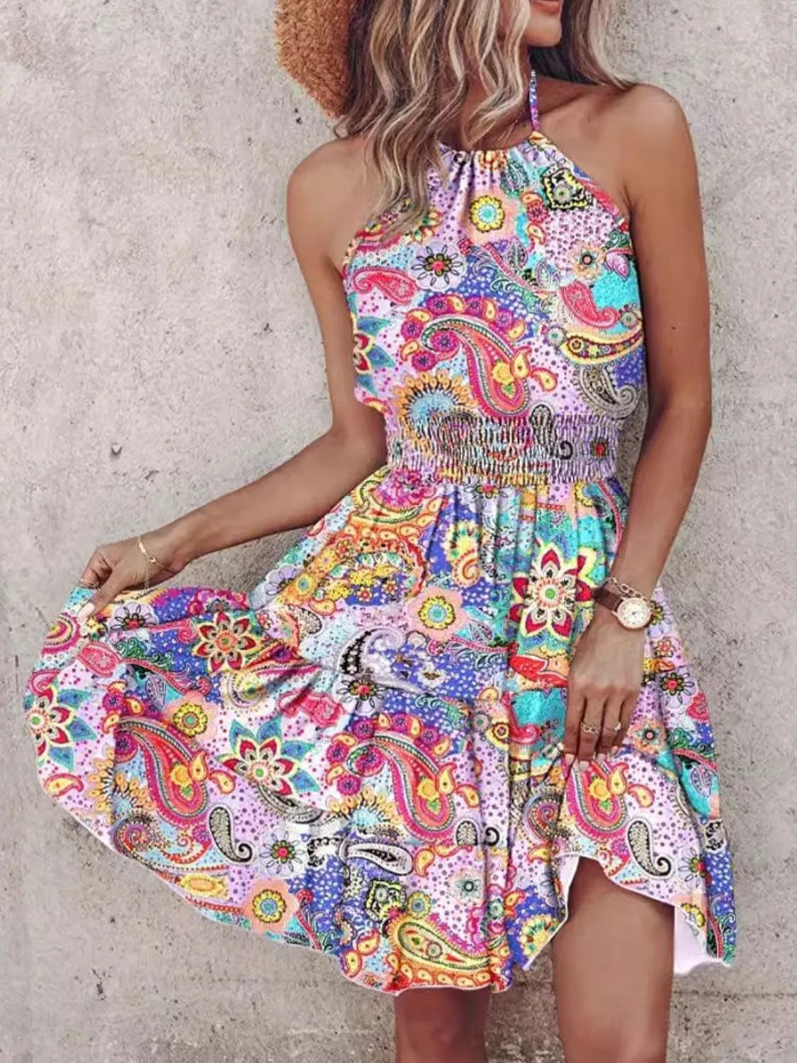 Paisley Print Halter Neck Mini Dress - Tigbul's Variety Fashion Shop