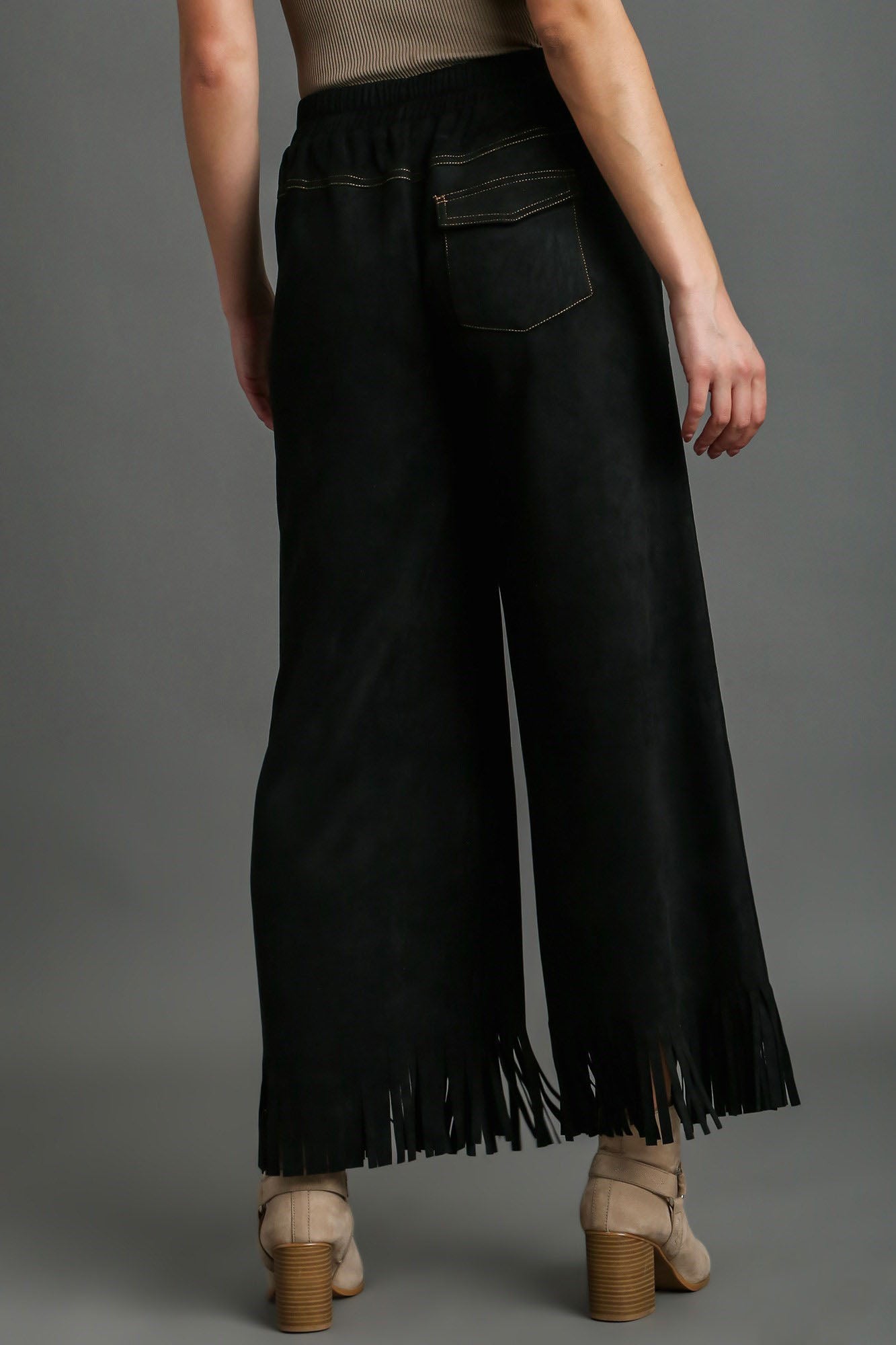 Umgee Full Size Suede Fringe Hem Wide Leg Pants Plus Size - Tigbul's Variety Fashion Shop