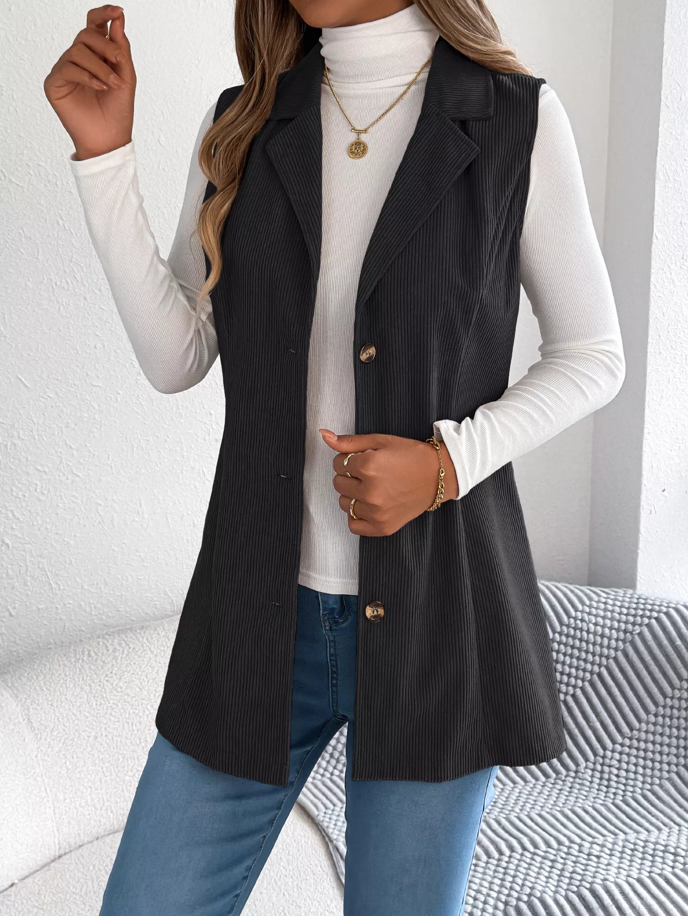 Button-Front Longline Vest Coat - Tigbul's Variety Fashion Shop